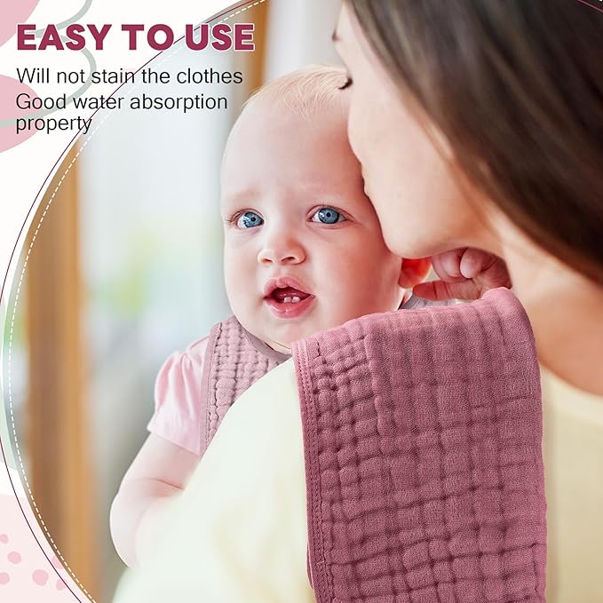 Tallew 8 Pack Baby Burp Cloth Sets with Muslin Burps and Bibs Washable Reusable Waterproof Soft Rags for Unisex Newborn Toddler Baby Boys and Girls Drooling Teething, 20 x 10 Inch(Dark Pink)