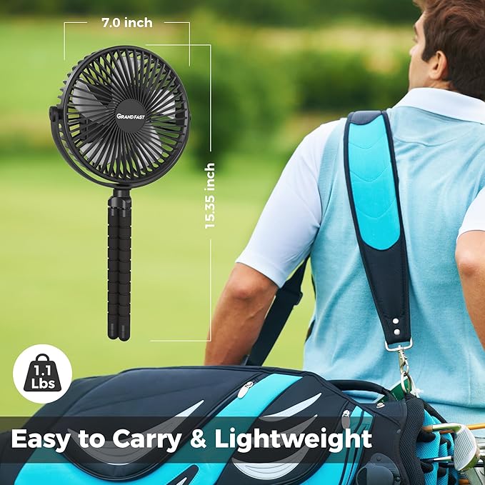 10000mAh Rechargeable Golf Cart Fan, 50H Run, Compatible with EZGO Club Car Yamaha, 7 inch Clip On Fan with Sturdy Tripod, 360° Pivot, 3 Speed & Timer, Cooling for Golf Cart Golf Palyer Essential