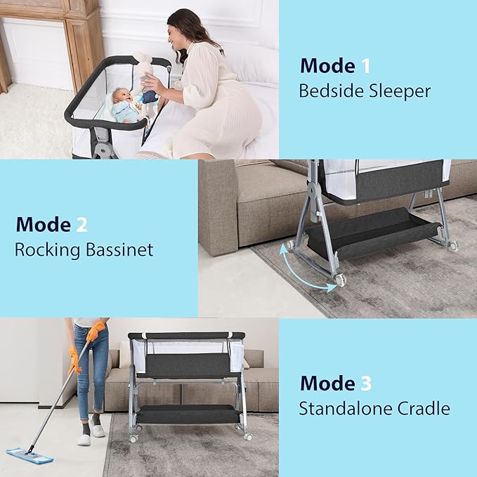 Baby Bassinet Bedside Sleeper, 3 in 1 Rocking Bassinet for Baby, Arms Reach Co Sleeper Bassinet with Wheels, Adjustable Height, Storage, Mattress & Canopy (Black)