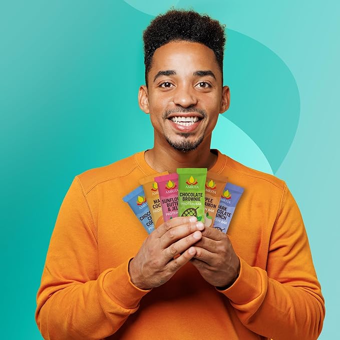 Amrita Nut Free Vegan Protein Bars 6 Flavor Variety Pack ( 12 Count ) | 15g Plant-Based Protein Bar | Peanut-Free, Gluten Free, and Dairy-Free | No Added Sugar, High Fiber, Healthy Snacks for Kids/Adults