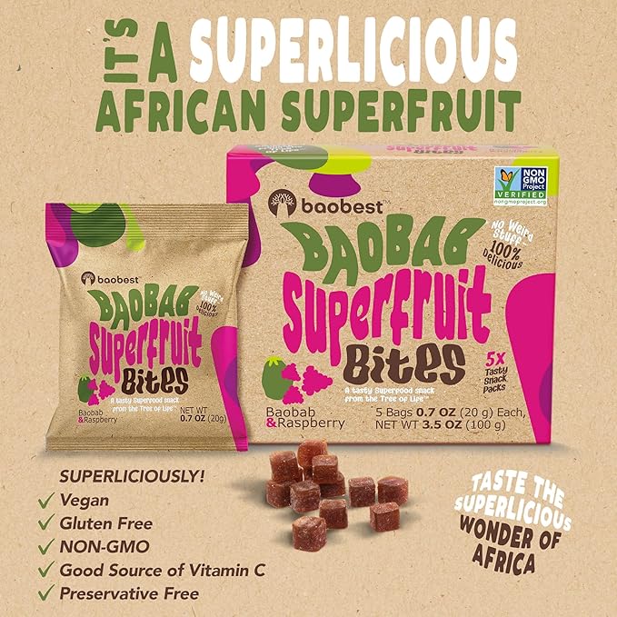 Baobest Superfruit Bites - Baobab Superfruit Variety Pack - Berry, Mango, and Raspberry - Vegan, Gluten Free, High in Vitamin C, Preservative-Free, Superfood Snack from the Tree of Life - 30 Servings