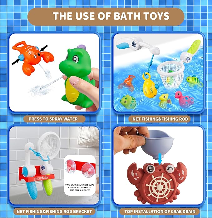 Bath Toys Set, Toddlers Bath Toys 1-3, Kid Bathtub Toy with 4pcs Dinosaur Water Spray, Fishing Games with Fish Net, Water Pool Toy , Shower Toy Gift for Boy Girl Infant