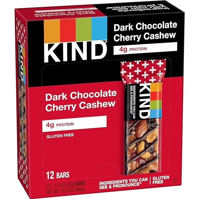 KIND Nut Bars, Dark Chocolate Cherry Cashew, Healthy Snacks, Gluten Free, 4g Protein, 12 Count