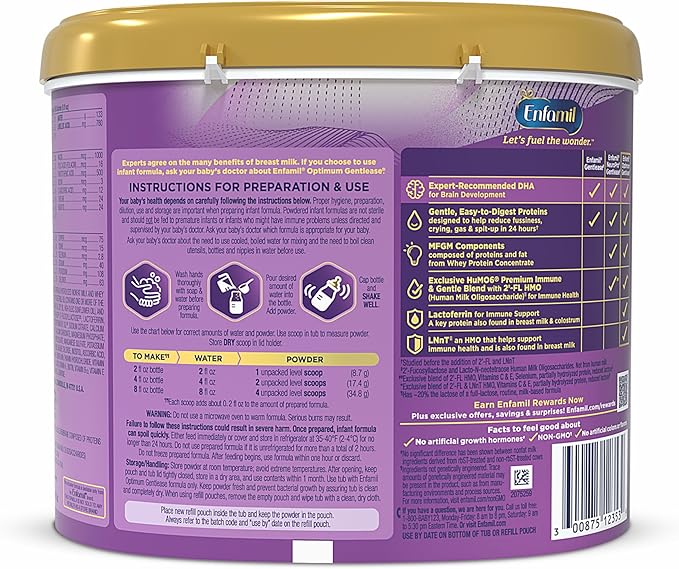 Enfamil Optimum (Enspire) Gentlease, Our Closest Formula to Breast Milk, Immune-Supporting Lactoferrin and Brain-Supporting DHA Baby Formula - Powder 19.5 Oz Tub, Pack of 4