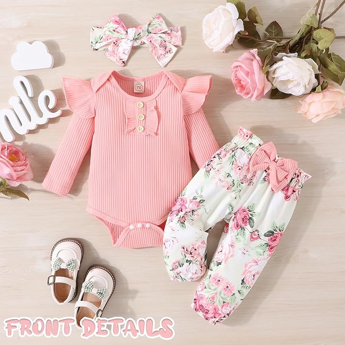 GDTOGRT Baby Girl Clothes Newborn Infant Outfits Ruffle Romper+ Floral Pants + Cute Headband Sets for Girls