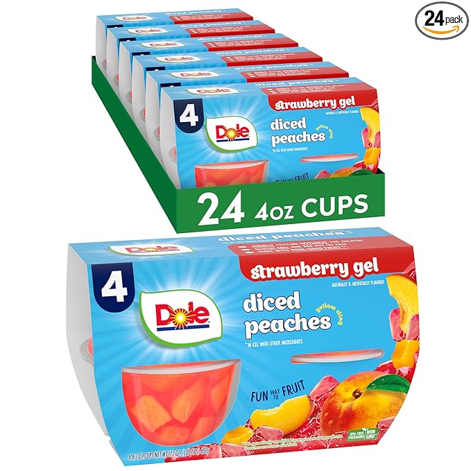 Dole Fruit Bowls Peaches in Strawberry Flavored Gel Snacks, 4.3oz 24 Total Cups, Gluten & Dairy Free, Bulk Lunch Snacks for Kids & Adults