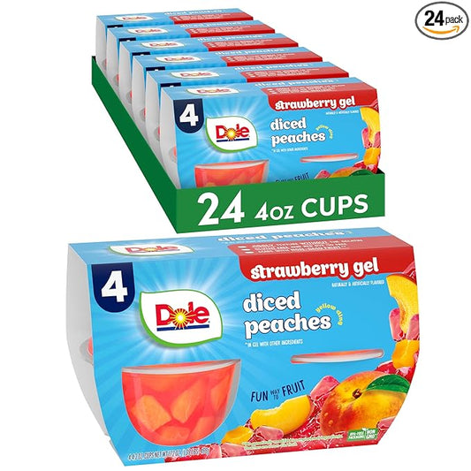 Dole Fruit Bowls Peaches in Strawberry Flavored Gel Snacks, 4.3oz 24 Total Cups, Gluten & Dairy Free, Bulk Lunch Snacks for Kids & Adults