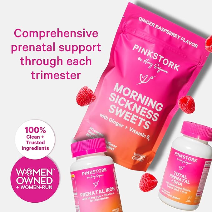 Pink Stork Morning Sickness Sweets, Organic Raspberry Ginger Candy with Vitamin B6, Support for Motion Sickness, Prenatal Heartburn - Pregnancy Must Haves - 30 Wrapped Drops