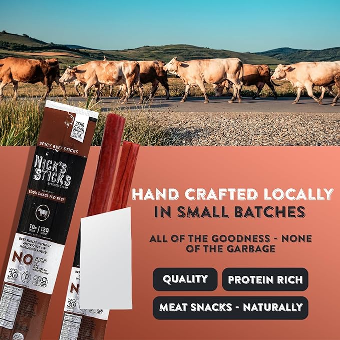 Nick's Sticks Clean & Balanced 100% Grass-Fed Spicy Beef Snack Sticks | Made in the USA | Gluten Free | Paleo, Keto, Whole30 Approved | No Soy, Antibiotics or Hormones (12 – 1.7oz. Packages of 2 Sticks)