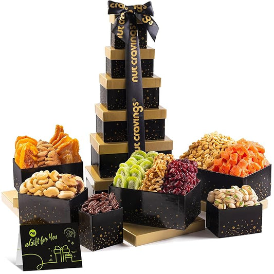 NUT CRAVINGS - Dried Fruit & Mixed Nuts Gift Basket in Black Tower + Ribbon (12 Assortments) Food Arrangement, Healthy Snack Care Package, Food Assortments