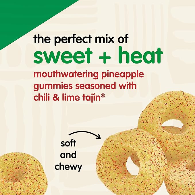 Snak Club Tajin Pineapple Rings Gummy Candy, Fruit Candy Gummies with Chili and Lime Seasoning, Mild, Gluten-Free and Vegan Snacks, 11 oz Resealable Bag