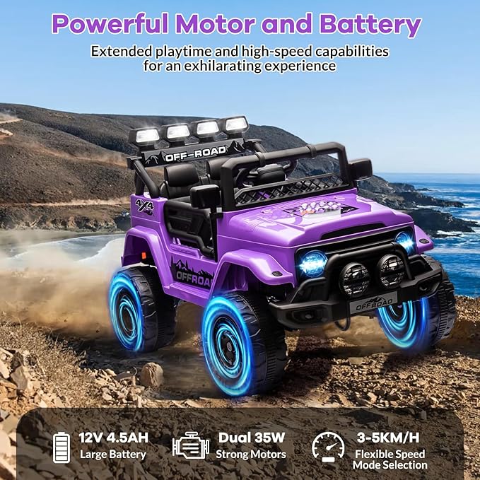 GarveeLife 12V Kids Ride On Car, Ride On Toy for Kids Ages 37-96 Months, Electric Truck with 5MPH Max Speed, Remote Control, Steering Wheel, Accelerator Pedal, Treaded Tires, Music and Story, Purple