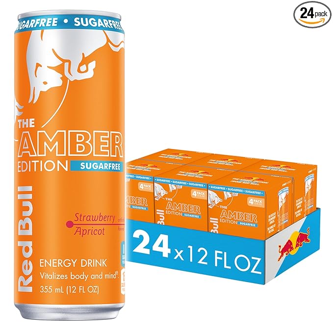 Red Bull Amber Edition Sugar Free Energy Drink, Strawberry Apricot, with 114mg Caffeine plus Taurine & B Vitamins, 12 Fl Oz, 6 Packs of 4 Cans (Pack of 24)