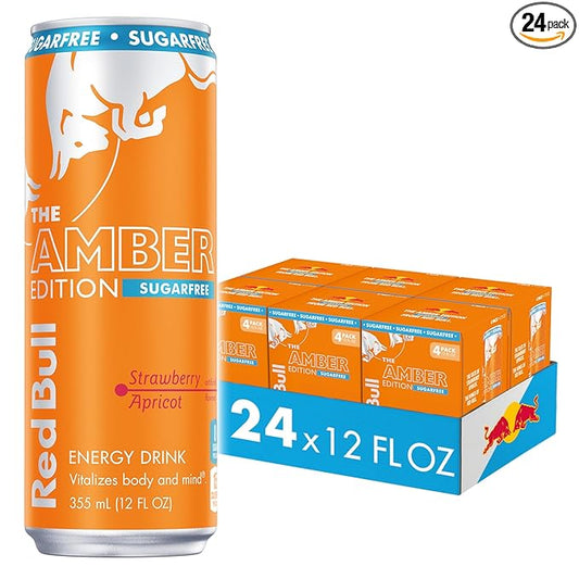 Red Bull Amber Edition Sugar Free Energy Drink, Strawberry Apricot, with 114mg Caffeine plus Taurine & B Vitamins, 12 Fl Oz, 6 Packs of 4 Cans (Pack of 24)
