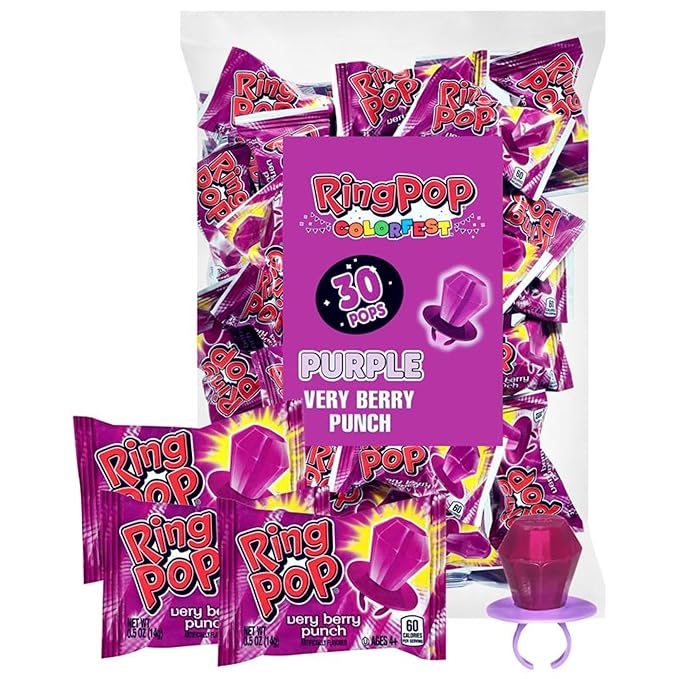 Ring Pop Purple Candy Lollipops, 30Ct Bulk Individually Wrapped in Very Berry Punch Flavor, Full Size, Fun Hard Candy For Birthday, Party Favors, Bachelorette Parties & Kids Gifts