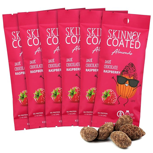 Skinny Coated Almonds Dark Chocolate Raspberry Snacks, Raspberry Flavored Healthy Chocolate Snacks Bulk - Kosher, Gluten Free Snacks for Adults, 1.2Oz p Bag, 6 Pack.