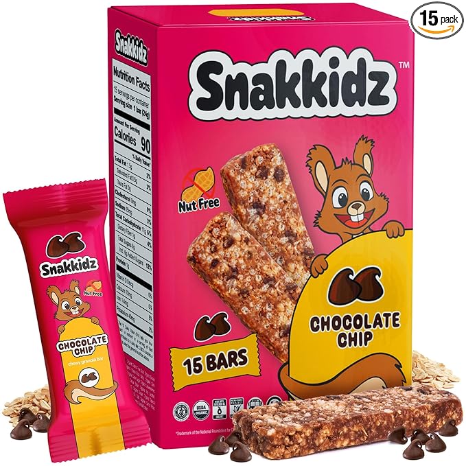 Snakkidz Organic Chewy Granola Bar, Allergen Free, Made with Avocado Oil, Low Sugar (15 Bars, Chocolate Chip)