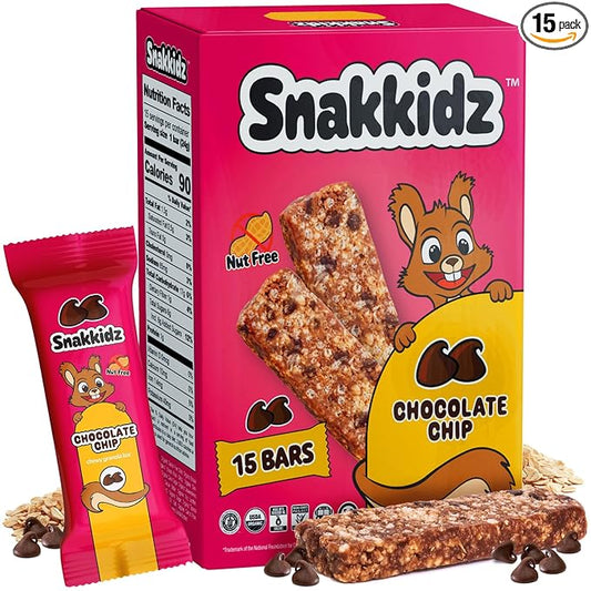 Snakkidz Organic Chewy Granola Bar, Allergen Free, Made with Avocado Oil, Low Sugar (15 Bars, Chocolate Chip)