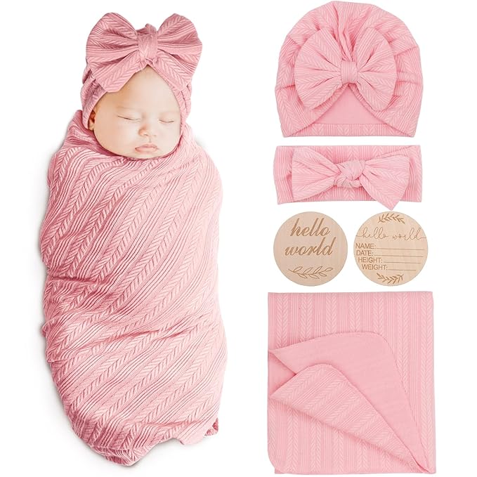 Newborn Receiving Blanket with Bow Hat Headband Wooden Card Set Wheat-Pattern Newborns Toddler Baby Boy Girl Nursery Swaddle Wrap