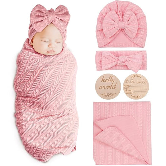 Newborn Receiving Blanket with Bow Hat Headband Wooden Card Set Wheat-Pattern Newborns Toddler Baby Boy Girl Nursery Swaddle Wrap