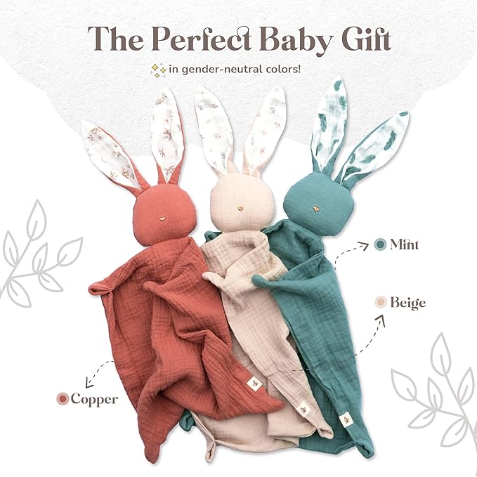 Mikito Organic Cotton Baby Muslin Lovey Bunny - Oeko-TEX & GOTS Certified - Security Blanket & Perfect Loveys for Babies - Unisex New Baby Gift for Ultimate Comfort & Peaceful Dreams