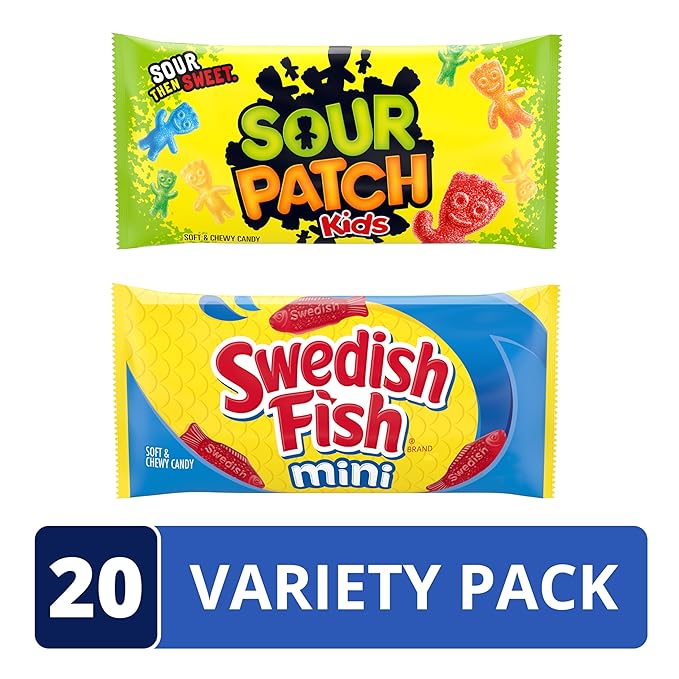 SOUR PATCH KIDS and SWEDISH FISH Mini Soft & Chewy Candy Variety Pack, Bulk Candy, 20 Snack Packs