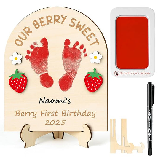 R HORSE Baby's 3D Berry First Birthday Footprint or Handprint Art Sign, Our Berry Sweet DIY Wooden Hanging Decoration, Newborn Keepsake Craft Gift for Unisex Baby First Birthday Baby Shower Photo Prop