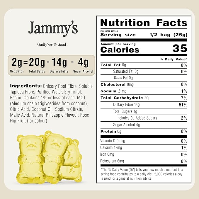Jammy's™ - Pineapple Gummy Bears | Sugar-Free & Vegan-Friendly | Keto-Friendly, Gluten-Free, Low Carb, High Fibre & Naturally Fruity | Delicious, Soft & Chewy | Box of 6 x 50g Bags