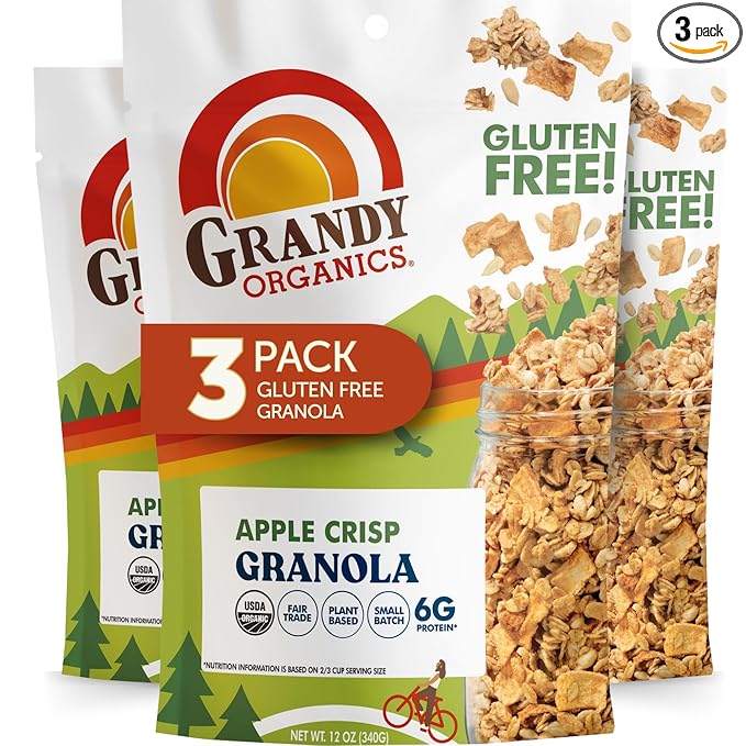 Grandy Organics Apple Crisp Granola, Certified Organic, Gluten Free, Non-GMO, Kosher, Plant Based Protein Granola, 12oz Each, Pack of 3