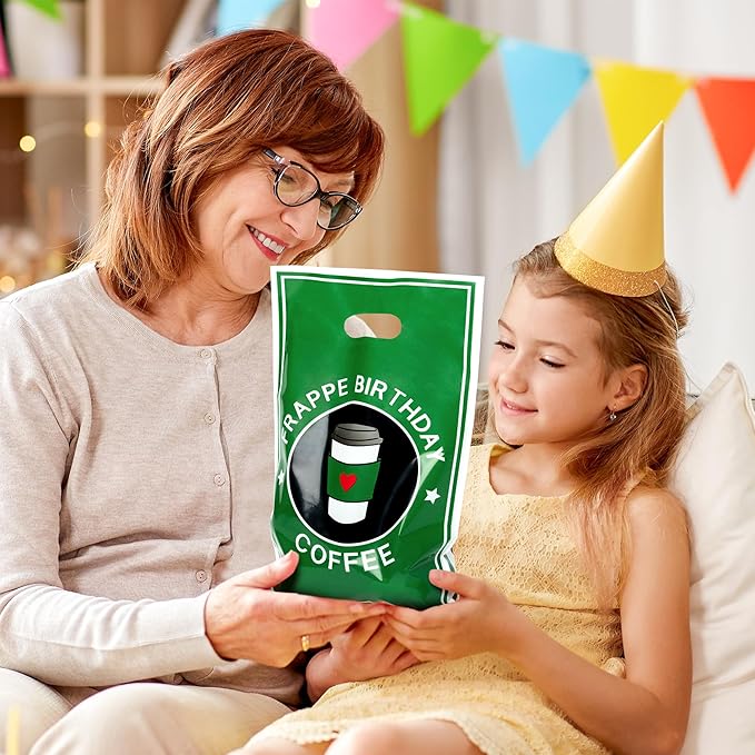Frappe Coffee Party Favor Bags - 50Pcs Green Frappe Birthday Goody Candy Treat Gifts Bags, Coffee Themed Party Decorations for Kids Birthday Cafe Pastry Afternoon Tea Events Supplies