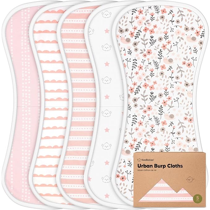 Organic Burp Cloths Baby Boy & Girl - 5-Pack Super Absorbent Cotton Burping Cloths for Babies, Soft & Plush Newborn Spit Up Rags, Infant Towels for Milk Spit Up, Unisex, Large 21" x 10" (Sweet Charm)