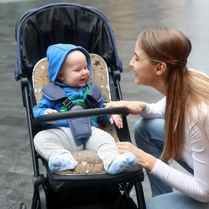 Baby Stroller Cushion,Infant Car Seat Insert-Reversible Universal Breathable and Soft Newborn Stroller Mat, 100% Cotton Cover Toddler Seat Pad Liner-34x78cm,1 Pack（White + Brown Stars）