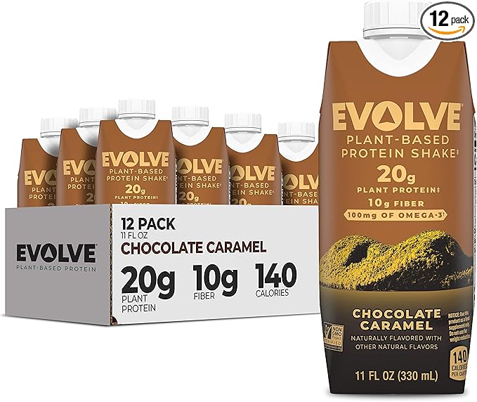 Evolve Plant Based Protein Shake, Chocolate Caramel, 20g Vegan Protein, Dairy Free, No Artificial Sweeteners, Non-GMO, 10g Fiber, 11oz, (12 Pack)