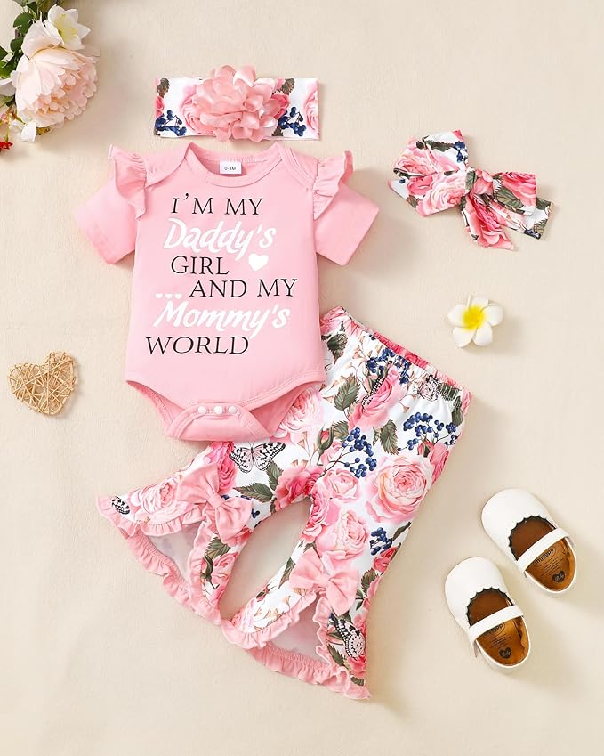 SUNNY PIGGY Newborn Baby Girl Clothes Infant Outfits Romper Floral Fall Outfit Bell Bottoms Pant Sets Hat Headband Flowerpant