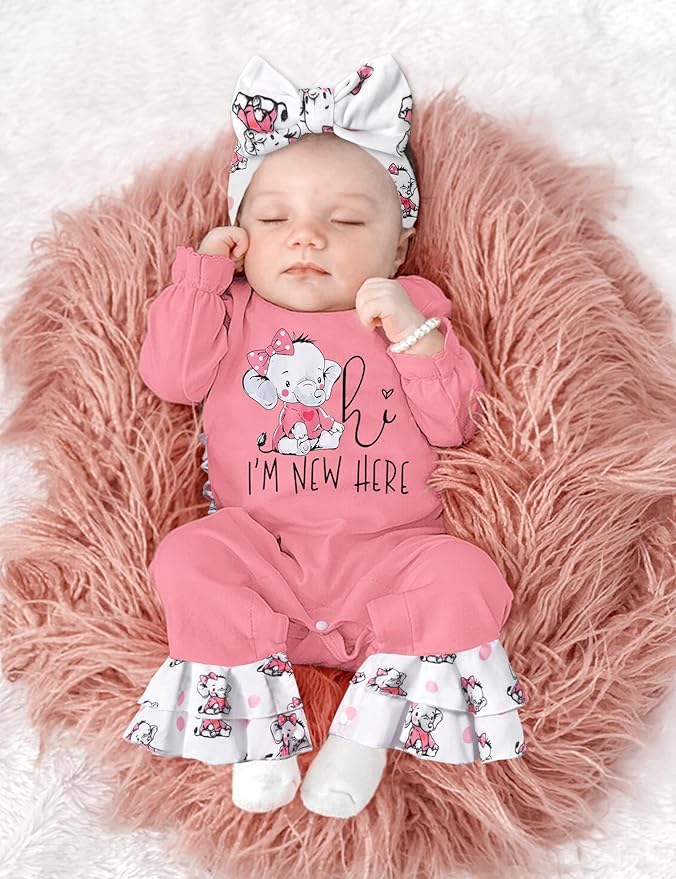 AGAPENG Newborn Girl Clothes Ruffle Letter Print Romper Infant Bell Bottom Jumpsuit Boho Baby Girl Clothes with Headband Hat