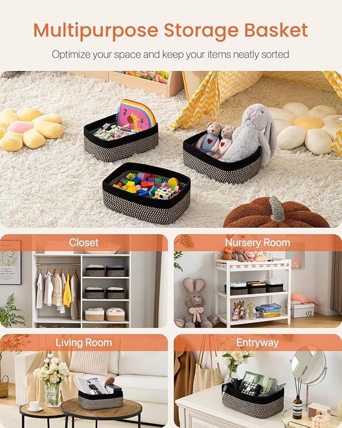 Small Woven Basket, 13.5 x 9.5 x 5 Inches, Storage Basket for Organizing, Cute Small Rope Shelf Closet Cube Storage Bins Baskets for Shelves, Dog Toy Gift Baskets Empty, 3 Pack Black & Brown