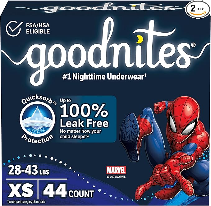 Goodnites Boys' Nighttime Bedwetting Underwear, Size Extra Small (28-43 lbs), 44 Ct (2 Packs of 22), Packaging May Vary