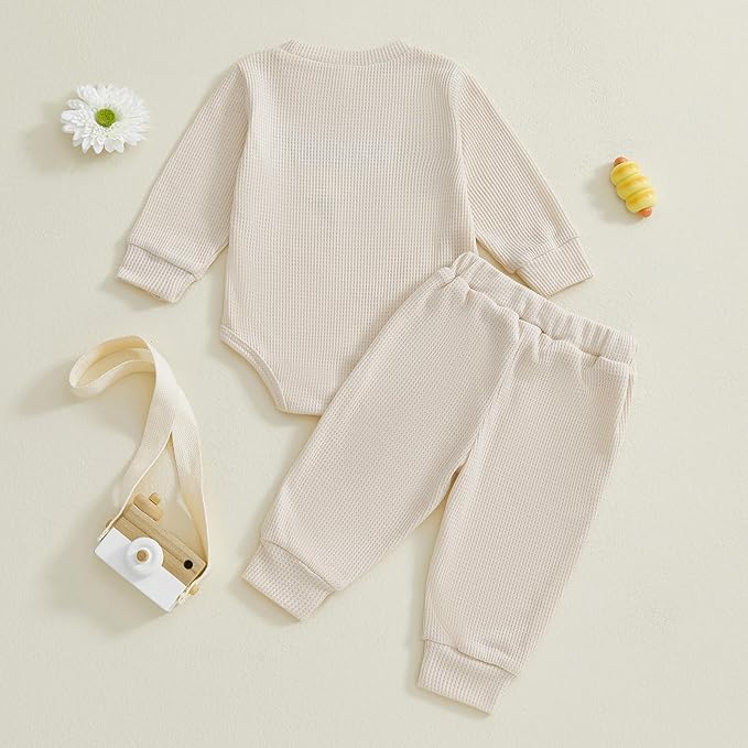 Kupretty Baby Boy Clothes 3 6 12 18 Months Fall Winter Outfit Mama's Boy Embroidery Waffle Long Sleeve Romper Pants Set