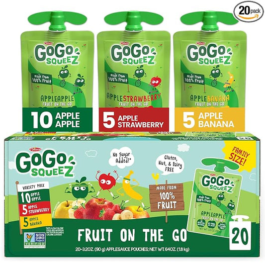GoGo squeeZ Applesauce, Variety Pack (Apple/Banana/Strawberry), 3.2 Ounce (20 Pouches), Gluten Free, Vegan Friendly, Unsweetened, Recloseable BPA Free Pouches