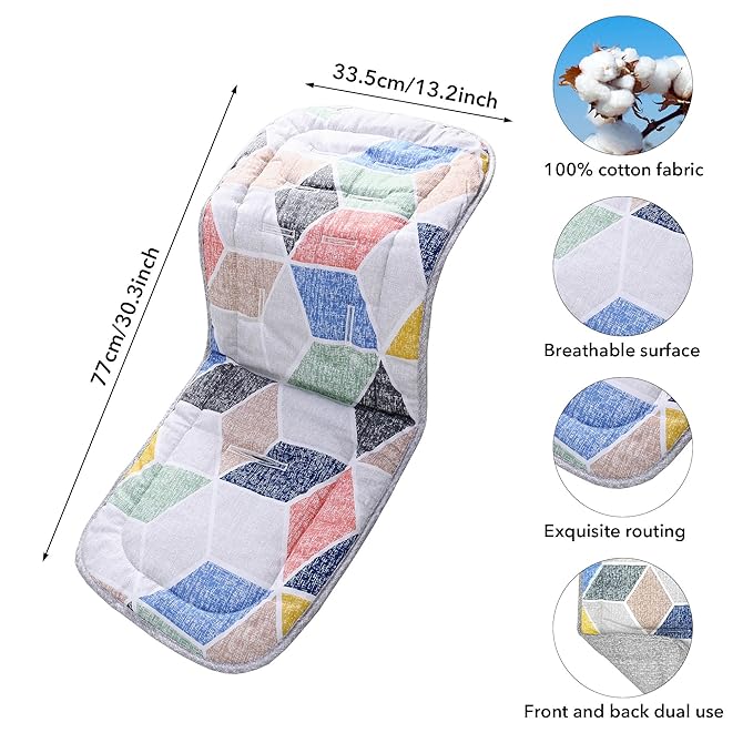 Stroller Seat Liner，100% Cotton Stroller Cushion，Universal Breathable and Soft Newborn Stroller pad, Toddler Seat Mat for Stroller, 34x78cm,1 Pack(Geometry + Grey)