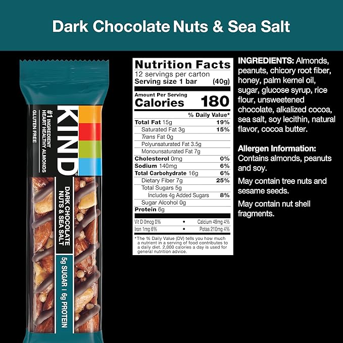 KIND Nut Bars, Dark Chocolate Nuts and Sea Salt, Healthy Snacks, Gluten Free, Low Sugar, 6g Protein, 12 Count