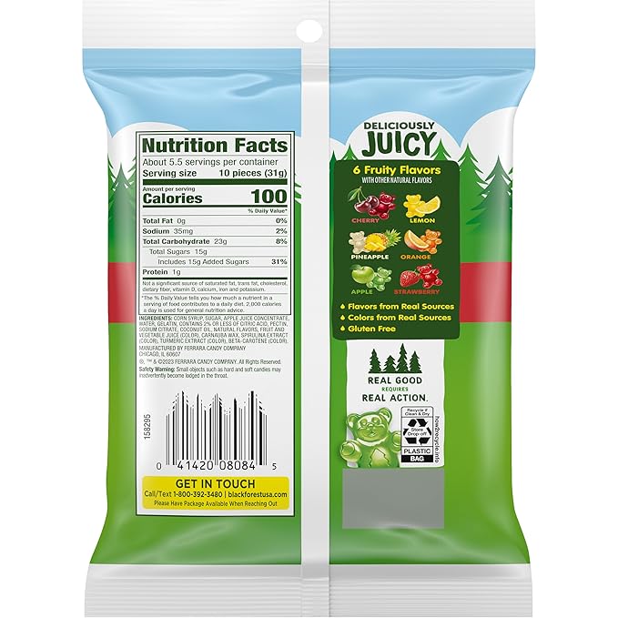 Black Forest Gummy Bears Candy, Real Fruit Juice, 6 Ounce Bags (Pack of 8)