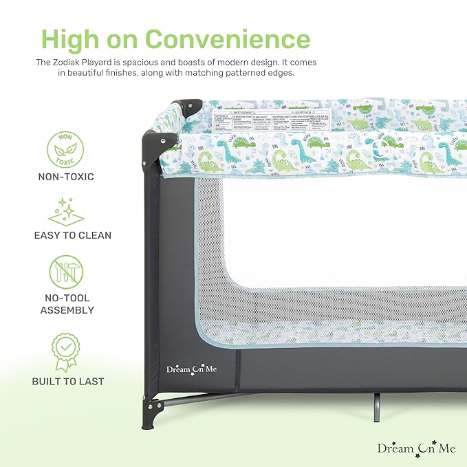 Dream On Me Zodiak Portable Playard in Grey and Green, Lightweight, Packable and Easy Setup Baby Playard, Breathable Mesh Sides and Soft Fabric - Comes with a Removable Padded Mat