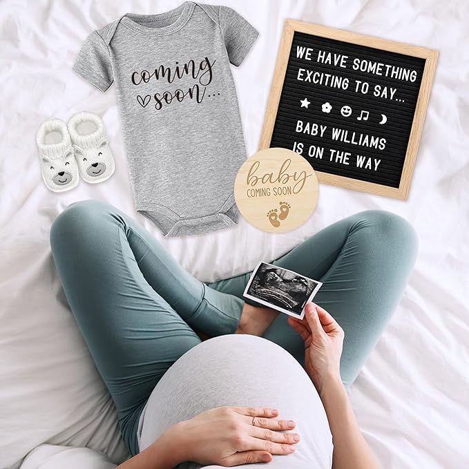 Pregnancy Announcement, Coming Soon Baby Announcement For Grandparents Dad Husband Family, Pregnancy Reveal Ideas, Gender Reveal Baby Shower Gifts -Felt Letter Board, Onesie, Booties, Wooden Sign