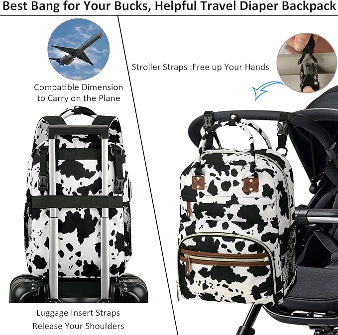 Large Capacity Baby Diaper Bag Backpack with Insulated Pockets, Waterproof, Stylish Cow Print Design, Suitable for Boys and Girls