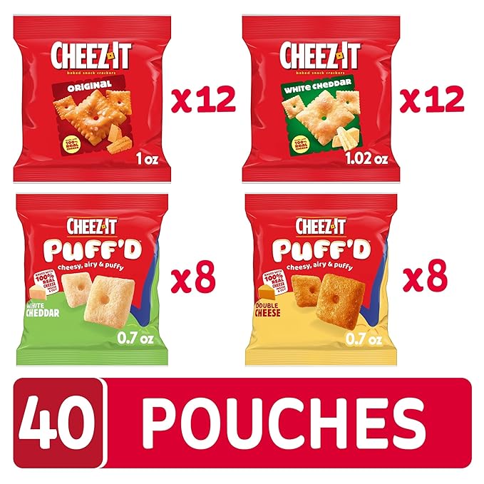 Cheez-It Cheese Crackers, Baked Snack Crackers, Lunch Snacks, Variety Pack (40 Pouches)