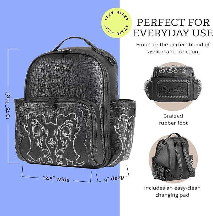 Itzy Ritzy Mini Diaper Bag Backpack – Chic, Compact Mini Plus Backpack with Changing Pad, 10 Pockets (6 Internal, 4 External), Grab-Top Handle & Rubber Feet (Outlaw)