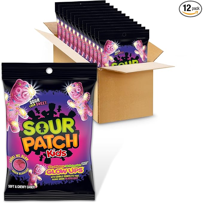 SOUR PATCH KIDS Glow Ups Strawberry-Watermelon Soft & Chewy Candy, Bulk Candy, 12-6.7 oz Bags