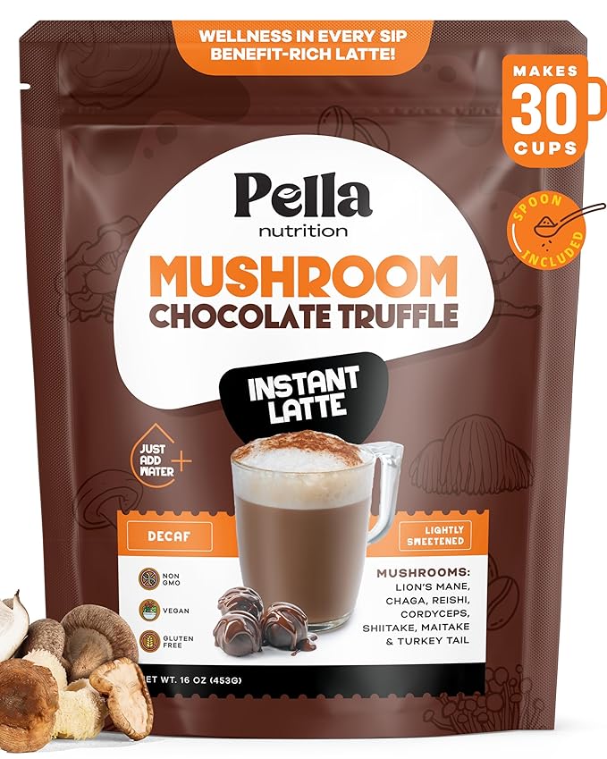 Organic Chocolate Truffle Instant Latte - Hot Chocolate Blend - Vegan, Non-GMO, Mushroom Coffee Organic - Reishi, Chaga, Lion's Mane, Turkey Tail - Mushroom Latte Supplement, Caffeine-Free 30 Servings