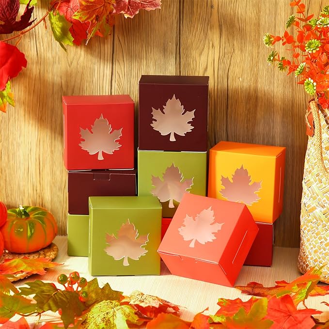 Dispowreath 24 Pcs Fall Treat Boxes Fall Cardboard Box with Maple Leaf Shape Window Autumn Thanksgiving Bakery Box Thanksgiving Paper Gift Container for Cookie Goodie Candy Party Favors